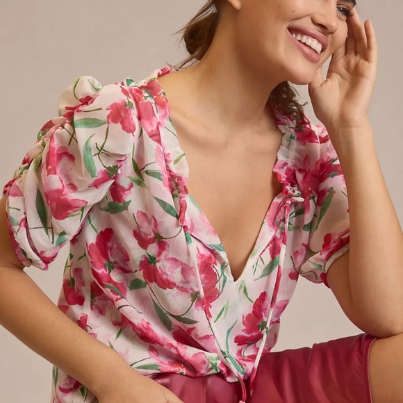 NEW Anthropologie MISA Los Angeles Sera Puff Sleeve Blouse Spring Fuchsia XS - Picture 1 of 14